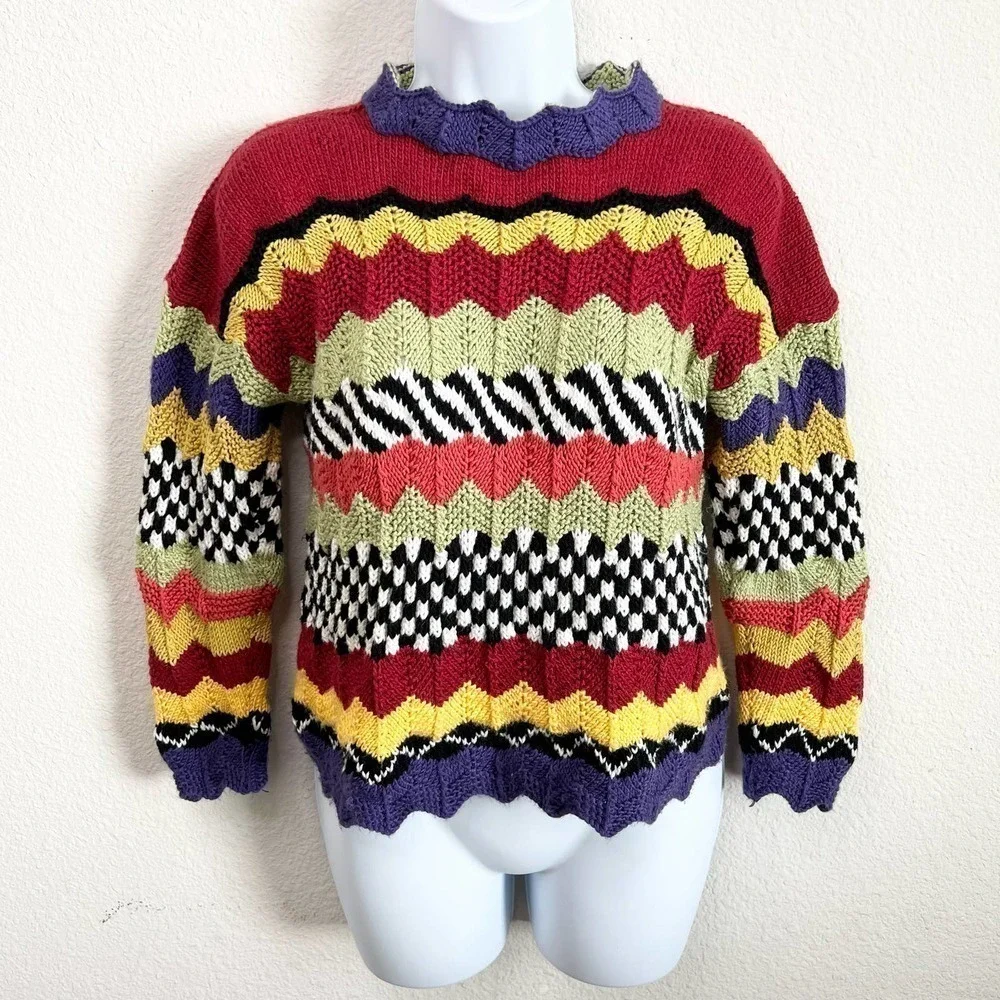 Handmade Afghan Knit Chevron Multicolor Stripe Grandma Sweater XS Unique Wacky